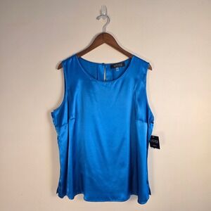 Kasper Tank Top Women 2X Blue Satin Sleeveless Shell Keyhole Back NEW